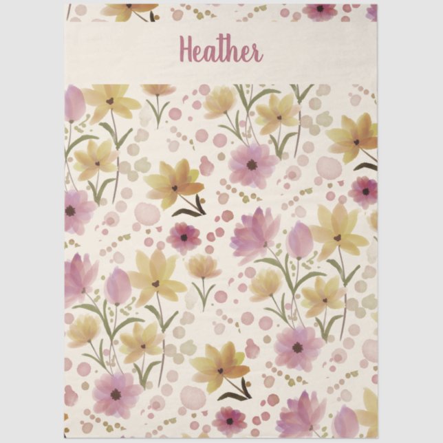 Pink Wildflower Watercolor Monogram Name Tissue Paper (Front)