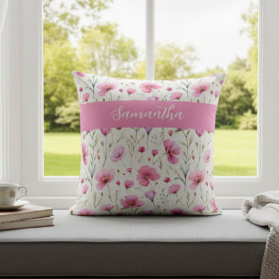 Pink Wildflower Watercolor Name Cushion