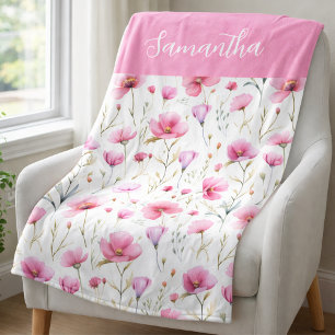 Pink Wildflower Watercolor Name Fleece Blanket