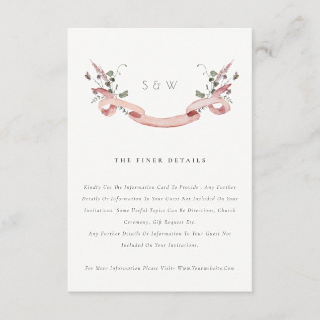 Pink Wildflower Watercolor Ribbon Wedding Details Enclosure Card (Front)