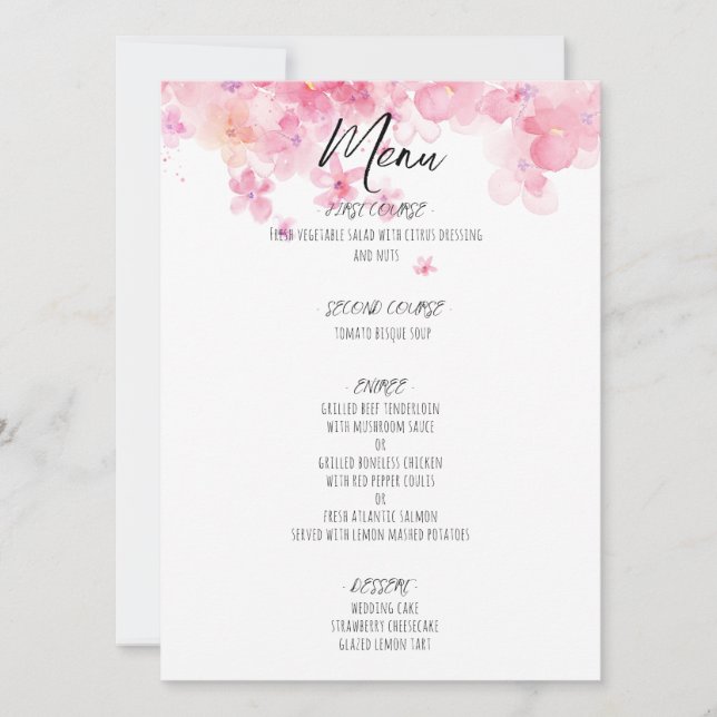Pink wildflower watercolor  rustic wedding menu (Front)