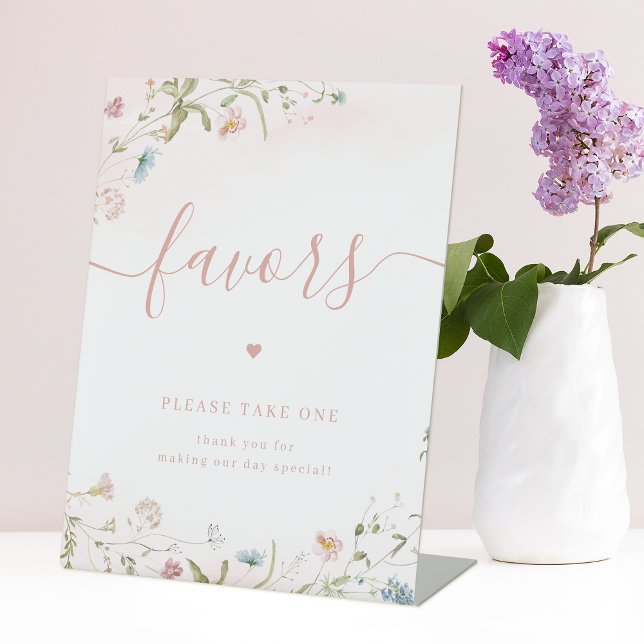 Pink Wildflower Wedding Favours Please Take One  Pedestal Sign (Pink Wildflower Wedding Favors Please Take One Pedestal Sign)