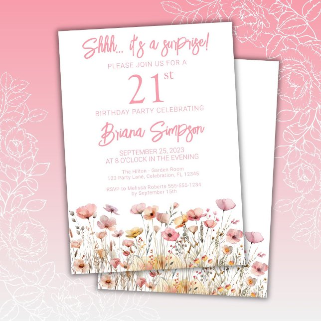 Pink Wildflowers 21st Surprise Birthday Party Invitation (Creator Uploaded)