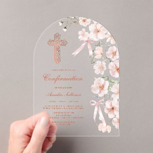 Pink Wildflowers and Bows Arch Confirmation Acrylic Invitations