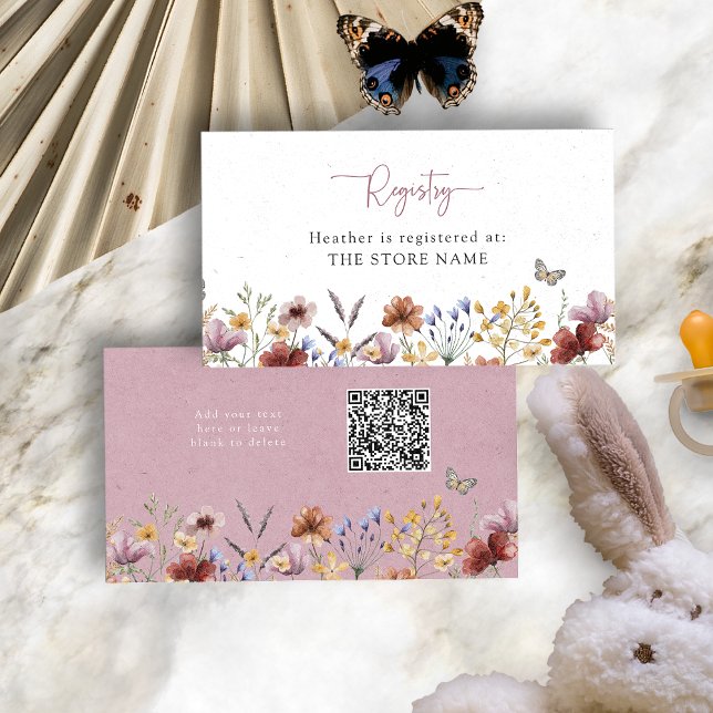 Pink Wildflowers Baby Shower Enclosure Card (Dusty Pink Wildflowers Baby Shower Enclosure Card with QR Code by Painted Paperie
)