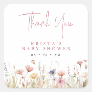 Pink Wildflowers Baby Shower Thank You Favour Square Sticker