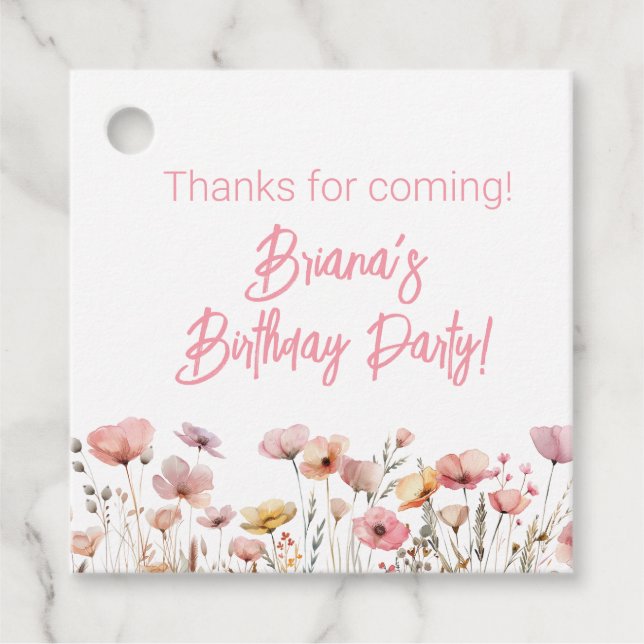 Pink Wildflowers Birthday Party Favour Tags (Front)