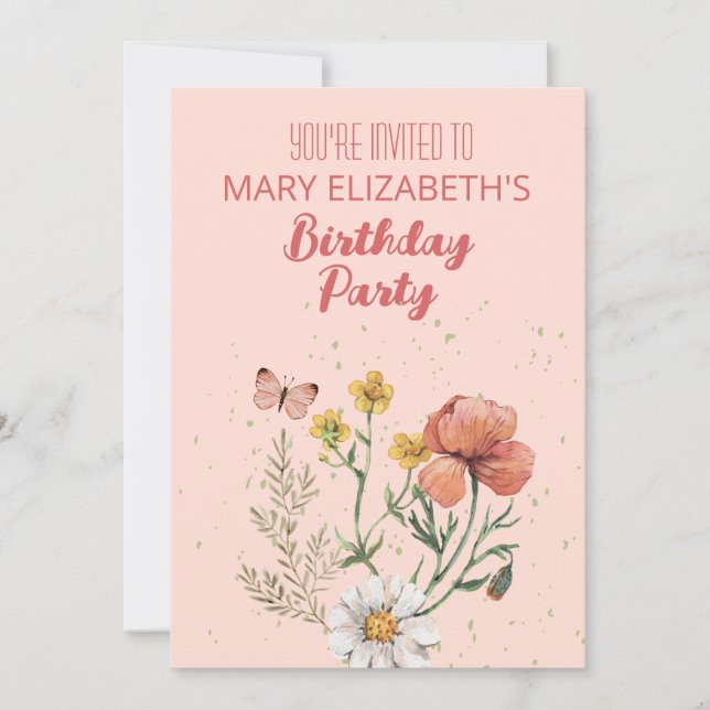 Pink Wildflowers BIrthday Party Invitation (Front)