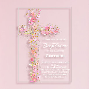 pink wildflowers cross Baptism Invitation
