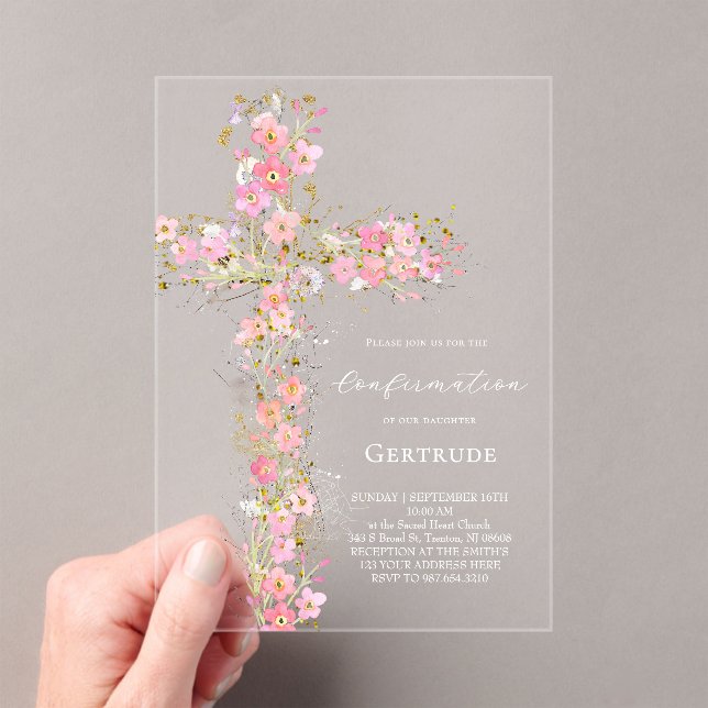 pink wildflowers cross Confirmation Acrylic Invitations (Insitu (Handheld))