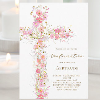 pink wildflowers cross Confirmation Invitation