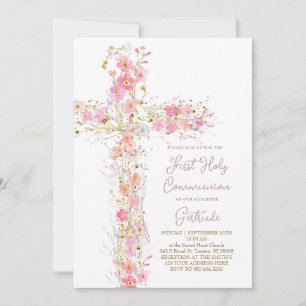 pink wildflowers cross First Holy Communion Invitation