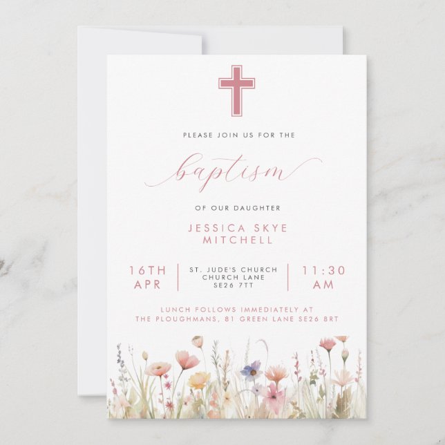 Pink Wildflowers Cross & Script Baptism Invitation (Front)
