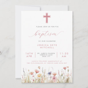 Pink Wildflowers Cross & Script Baptism Invitation