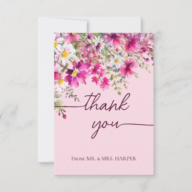 Pink Wildflowers Floral Calligraphy Thank You Card (Front)