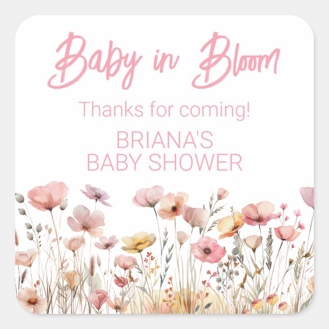 Pink Wildflowers Girl Baby Shower Favour Square Sticker (Front)