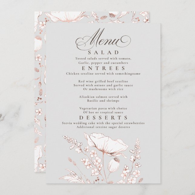 Pink Wildflowers Grey and White Wedding Menu Invitation (Front/Back)