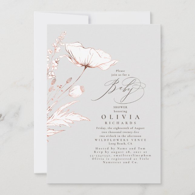 Pink Wildflowers Light Grey Elegant Baby Shower Invitation (Front)