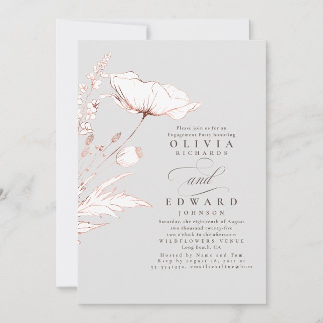 Pink Wildflowers Light Grey Engagement Party Invitation (Front)