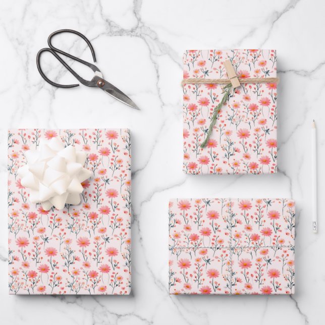 Pink Wildflowers on Ivory Wrapping Paper Sheet (Front)
