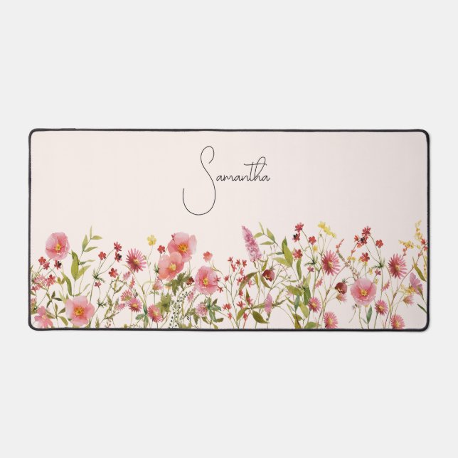 Pink Wildflowers Personalised Desk Mat (Front)