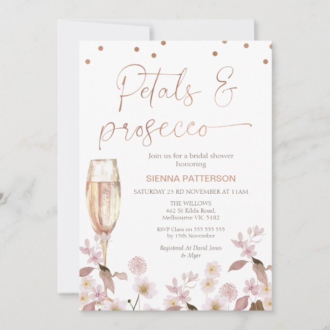 Pink Wildflowers Petals and Prosecco Bridal Shower Invitation (Front)