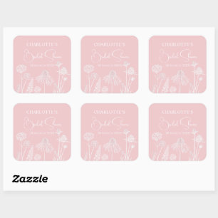 Pink Wildflowers Sketched Floral Bridal Shower Square Sticker
