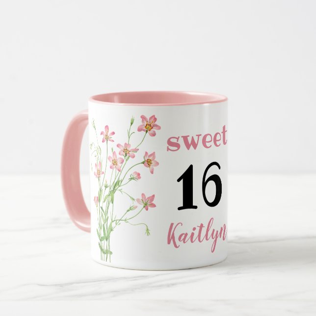 Pink Wildflowers Sweet 16 Birthday Personalise Mug (Front Left)