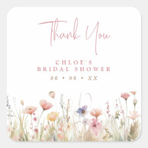 Pink Wildflowers Thank You Bridal Shower Favour Square Sticker