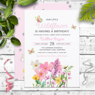 Pink Wildflowers Theme Girl's Birthday Invitation