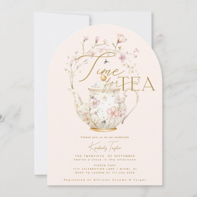 Pink Wildflowers Time for Tea Bridal Shower Party Invitation (Front)