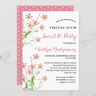 Pink Wildflowers Virtual Sweet 16 Birthday Party Invitation