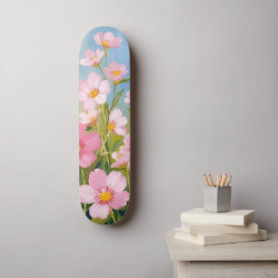 Pink Wildflowers   Watercolor Floral Painted Skateboard