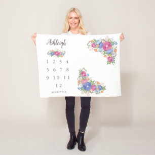 Pink Wildflowers White Baby Monthly Milestone Fleece Blanket