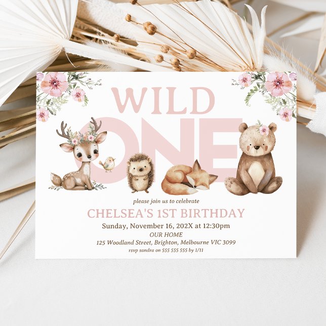 Pink Wildflowers Woodland Wild One 1st Birthday Invitation (Pink Woodland Wild One 1st Birthday Invitation Girl, Pink Wildflowers Woodland First Birthday Invite)