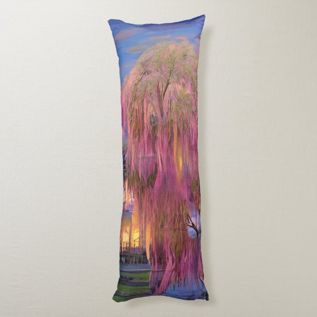 Pink Willow tree at sunset by the pond   Body Cushion (Back (Vertical))