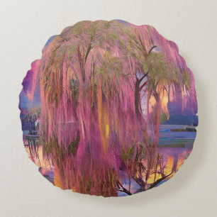Pink Willow tree at sunset by the pond   Round Cushion