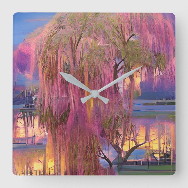 Pink Willow tree at sunset by the pond  Square Wall Clock (Front)