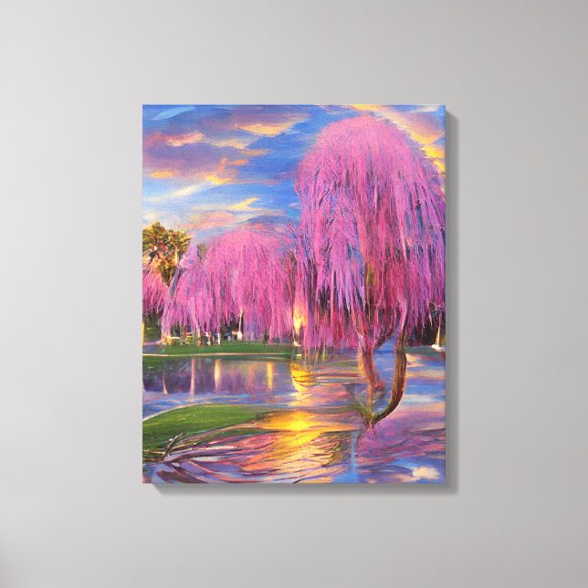 Pink Willow trees at sunset by the pond    Canvas Print (Front)
