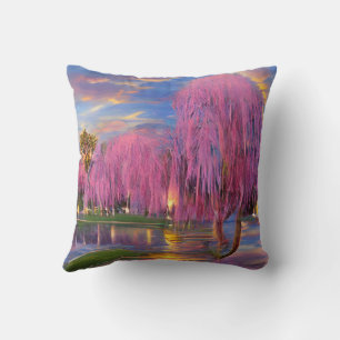 Pink Willow trees at sunset by the pond Cushion