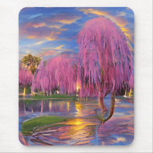 Pink Willow trees at sunset by the pond Mouse Mat