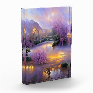  Pink Willow trees at sunset by the pond    Photo Block