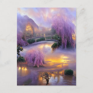  Pink Willow trees at sunset by the pond   Postcard
