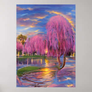Pink Willow trees at sunset by the pond Poster