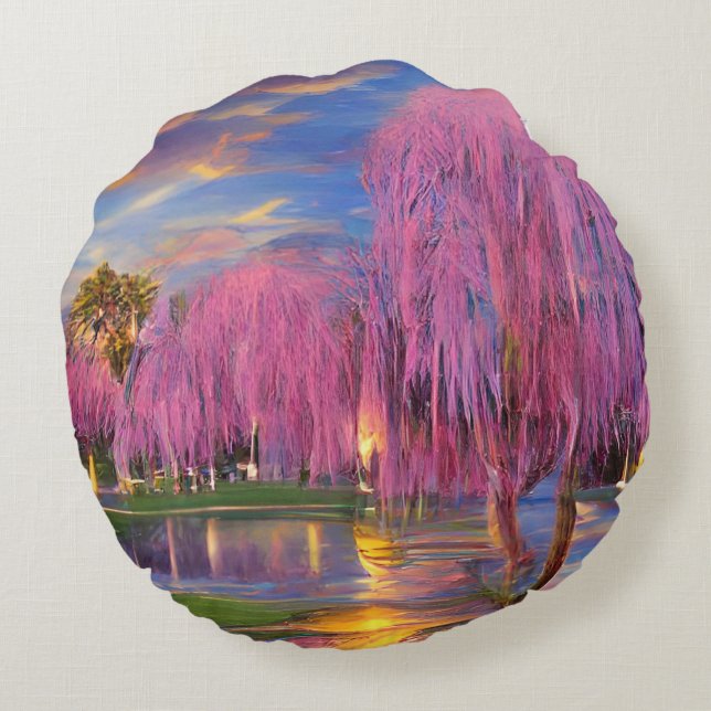 Pink Willow trees at sunset by the pond  Round Cushion (Back)