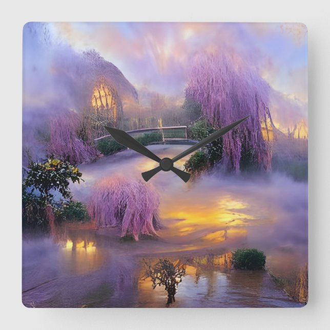  Pink Willow trees at sunset by the pond Square Wall Clock (Front)