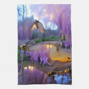 Pink Willow trees at sunset by the pond Tea Towel