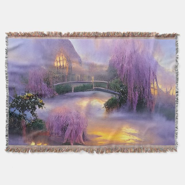  Pink Willow trees at sunset by the pond Throw Blanket (Front)