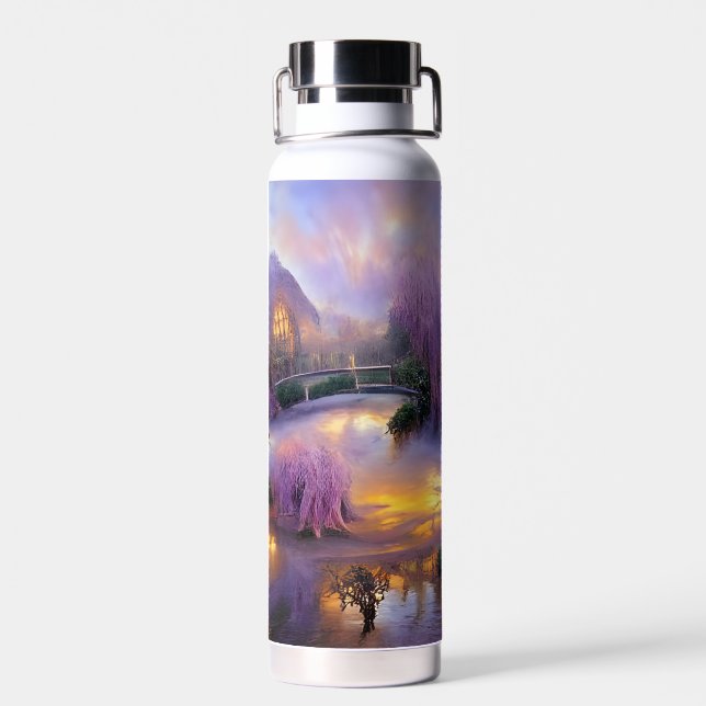 Pink Willow trees at sunset by the pond Water Bottle (Back)