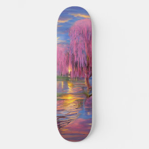 Pink willows at sunset by the pond skateboard